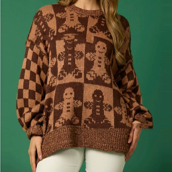 brown checkered oversized sweater with gingerbread man knit design
