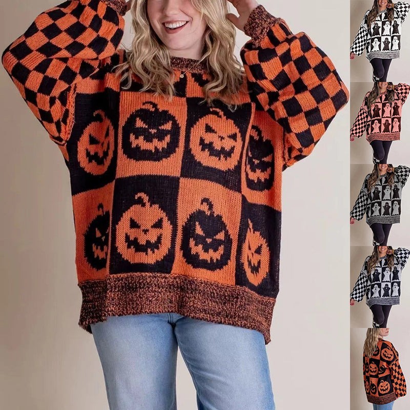 color options display of oversized checkered ghost and pumpkin print sweaters