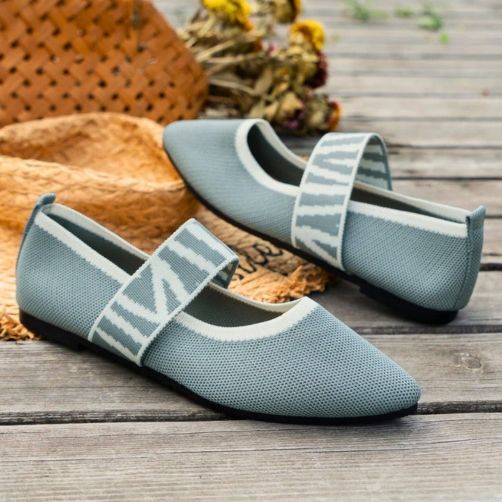 Dusty blue knit ballet flats with striped elastic Mary Jane strap
