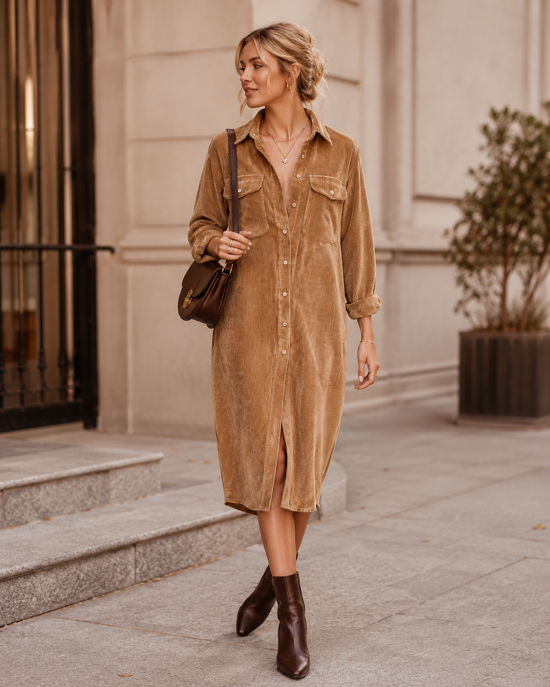 Camel corduroy midi shirt dress with button front and collar