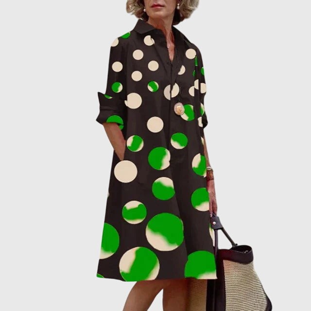 Brown shirt dress with green polka dot print and rolled sleeves