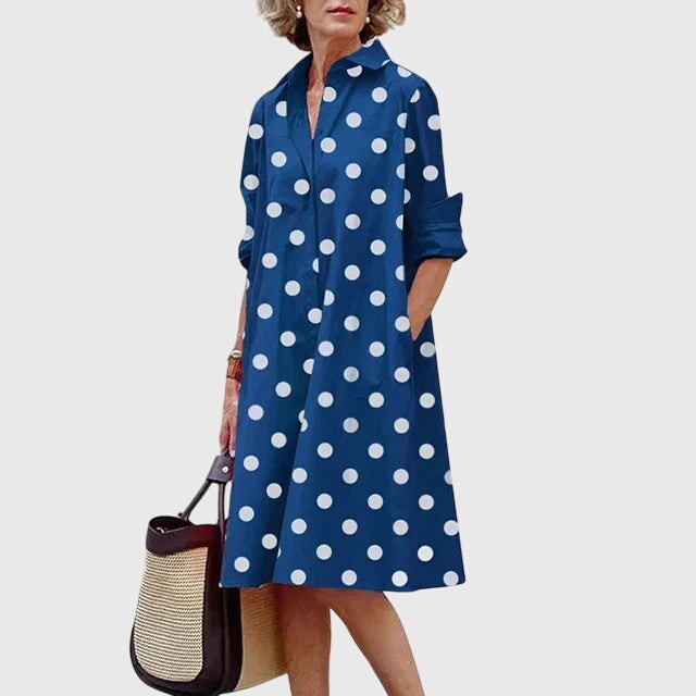 Blue polka dot shirt dress with folded cuffs and relaxed A-line cut