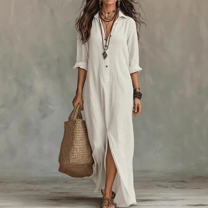 White collared maxi shirt dress with rolled sleeves and side slit