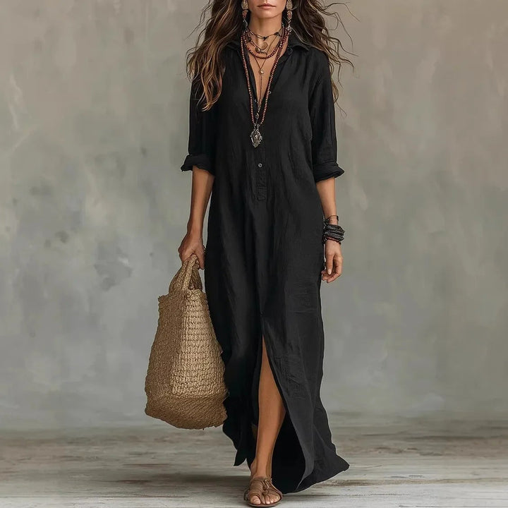 Black collared button-front maxi dress with side slit detail