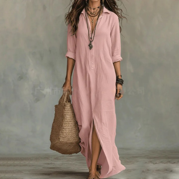 Pink collared maxi shirt dress with front button placket and slit