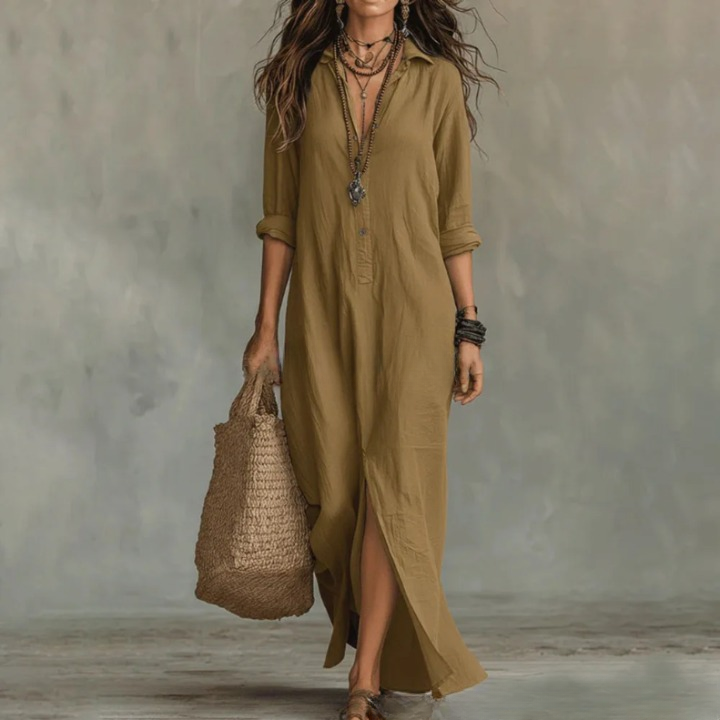 Olive green collared maxi dress with rolled sleeves and side slit