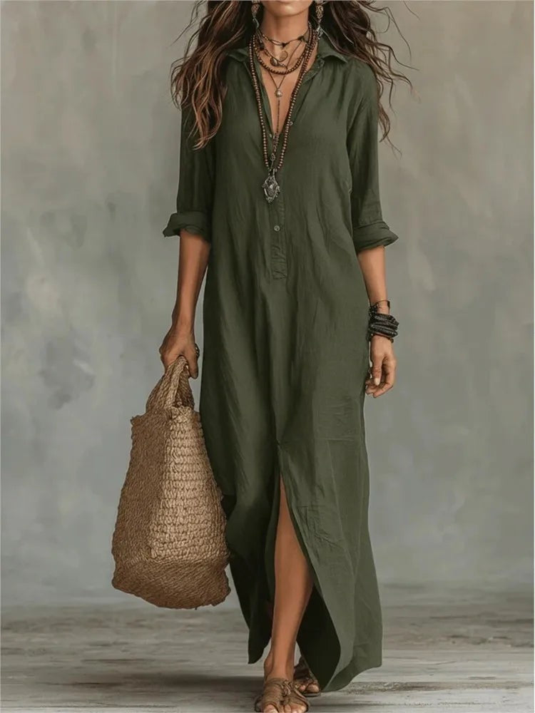 Dark green collared button maxi dress featuring a flowy side slit