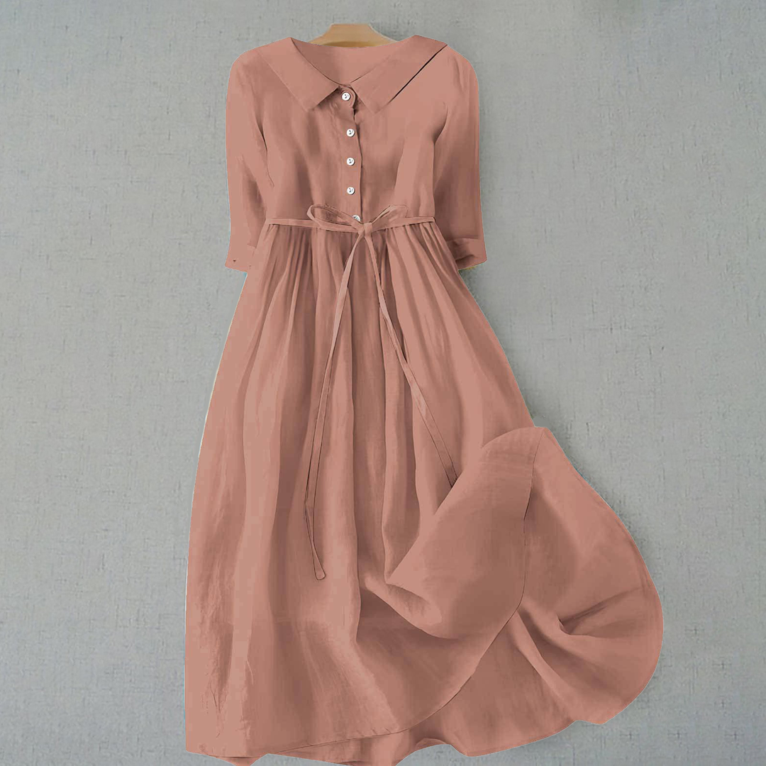 Dusty rose linen midi dress featuring button placket and tie waist