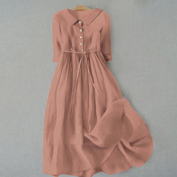 Dusty rose linen midi dress featuring button placket and tie waist