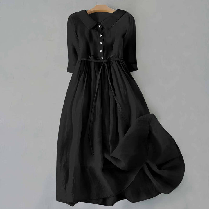 Black linen midi dress with button placket and self-tie waist belt