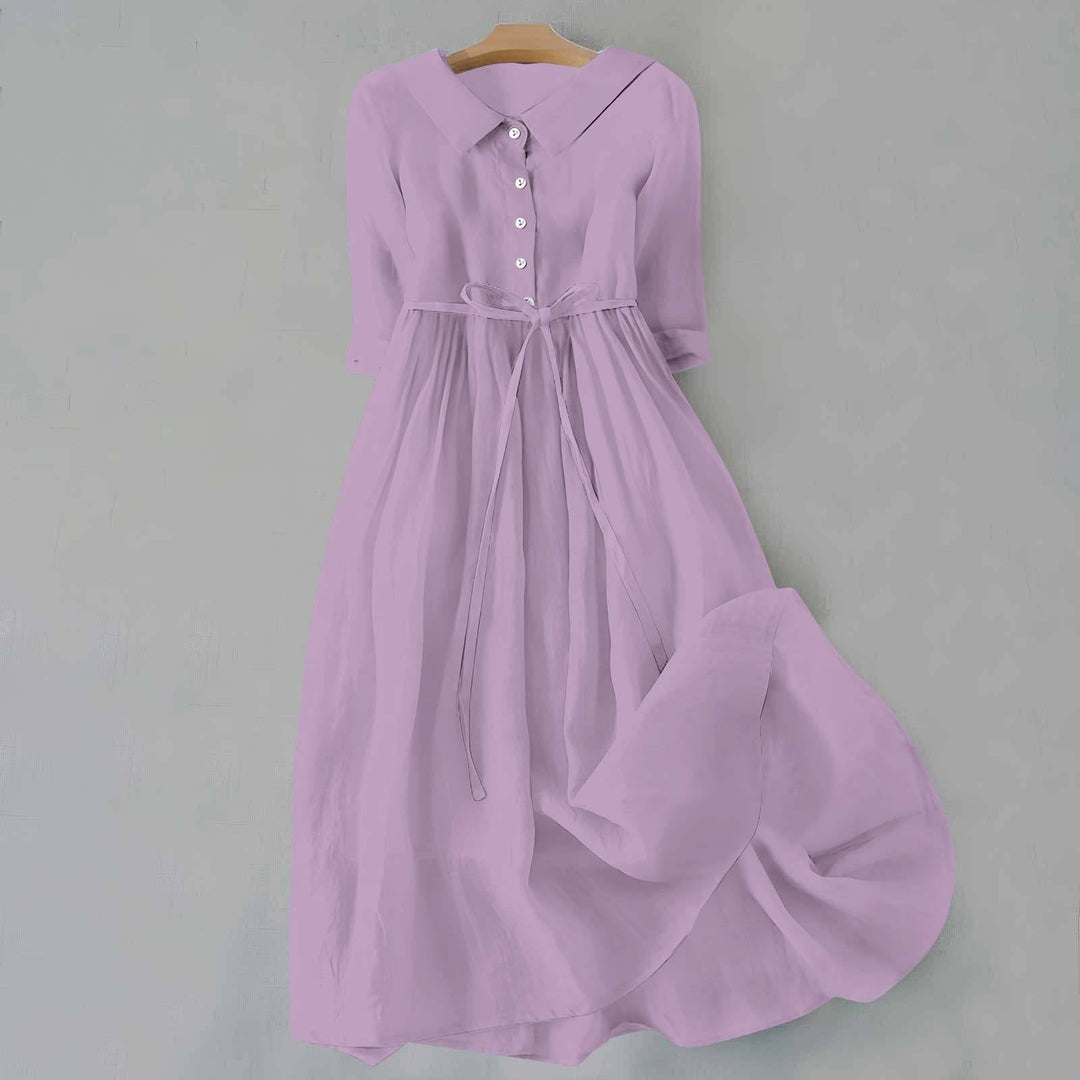 Lavender linen shirt dress with collar, half sleeves, and tie belt