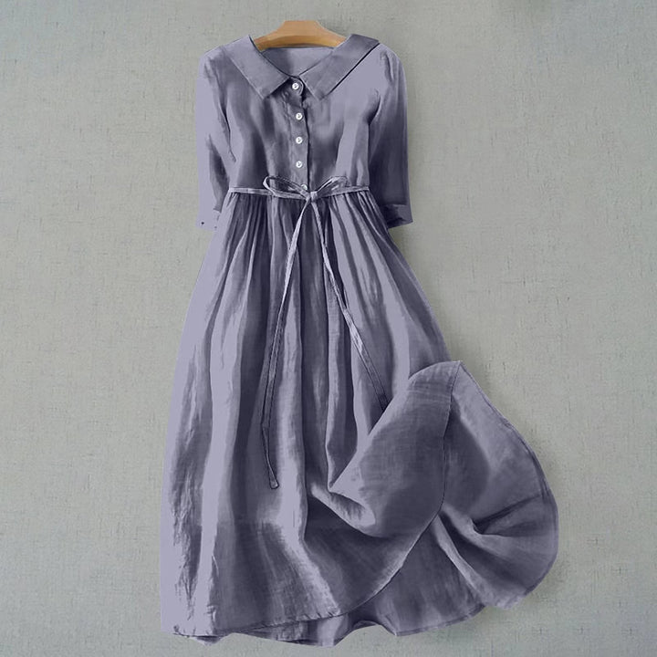 Gray linen midi dress with button front, collar, and gathered skirt