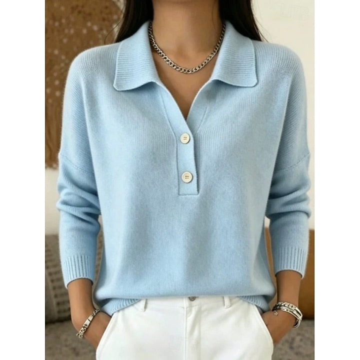 Pale blue knitted collared jumper with button placket and dropped shoulders
