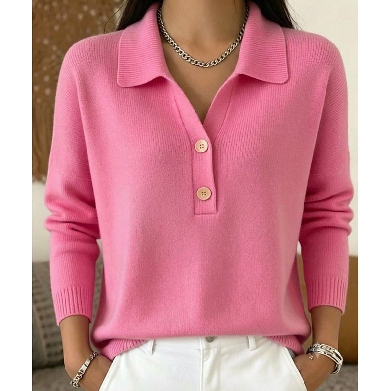 Bright pink knitted polo-collar jumper featuring two-button placket detail