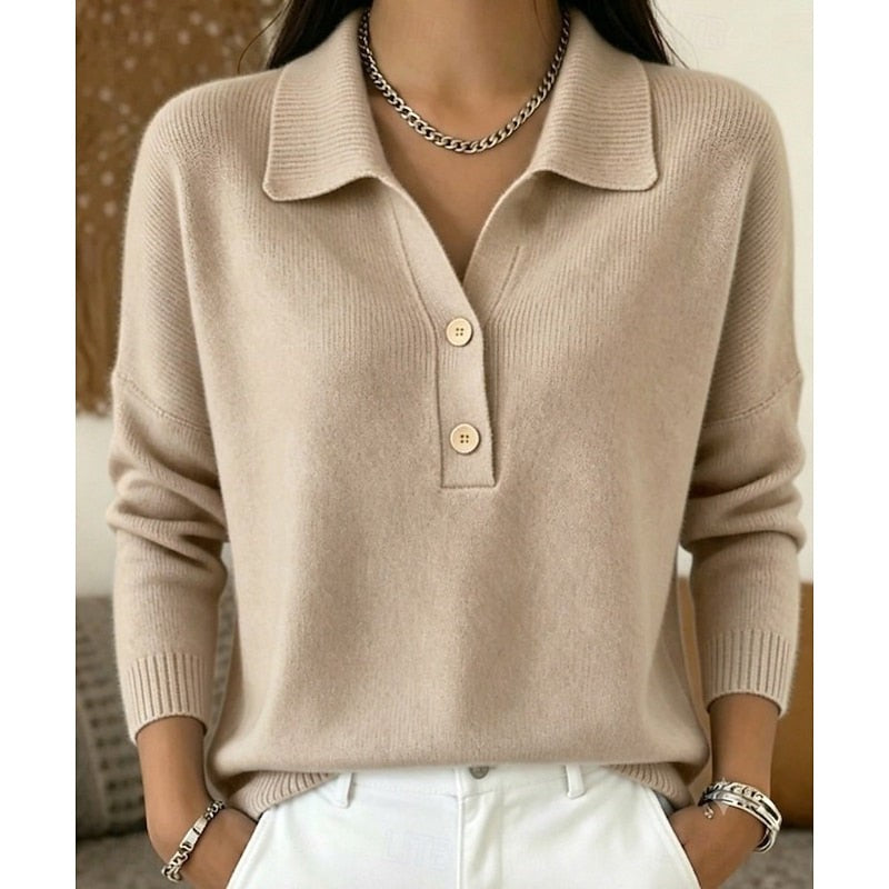 Beige knitted collared pullover with ribbed cuffs and button-front neckline