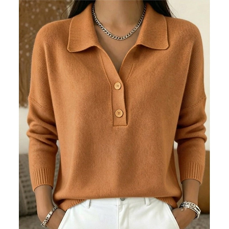 Rust orange knitted polo jumper with relaxed fit and buttoned collar