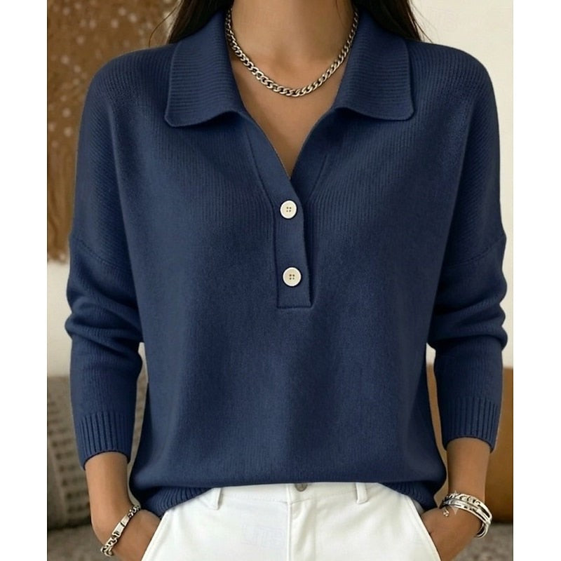 Navy blue knitted collared sweater with contrast buttons and long sleeves