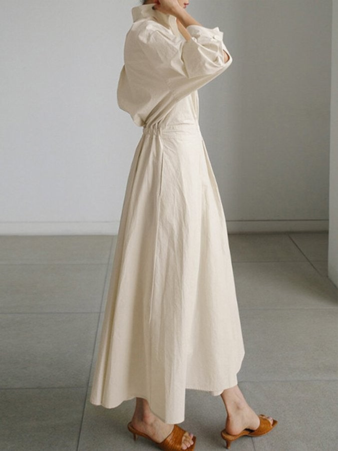 side view of ivory collared maxi dress with gathered waist detail