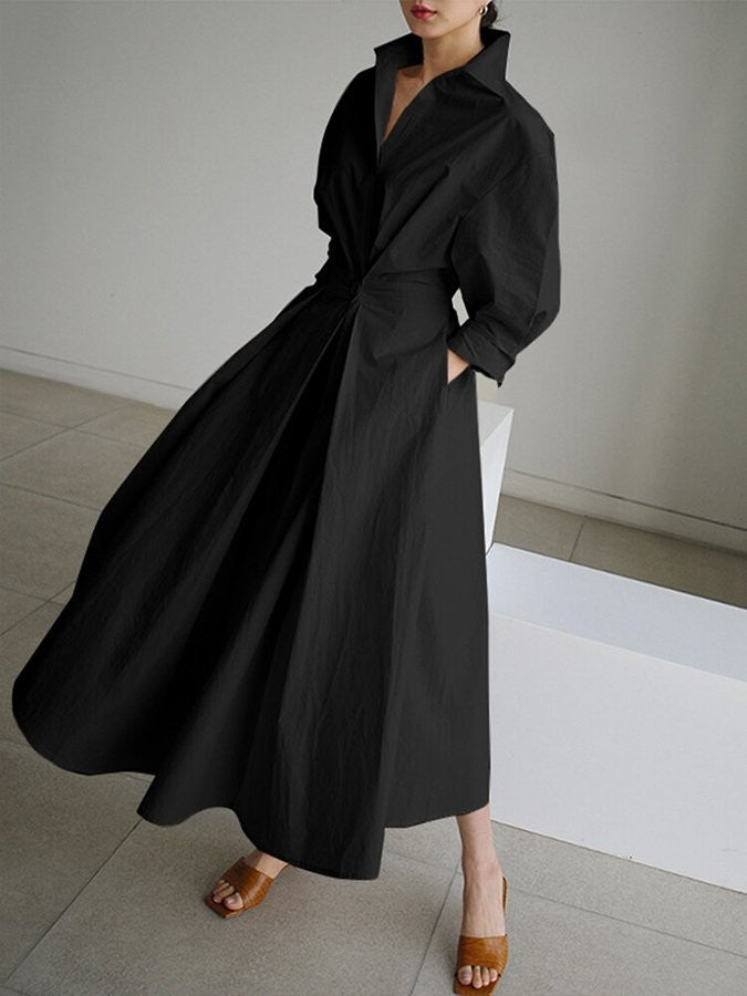 black long-sleeve shirt dress with twist waist detail in motion