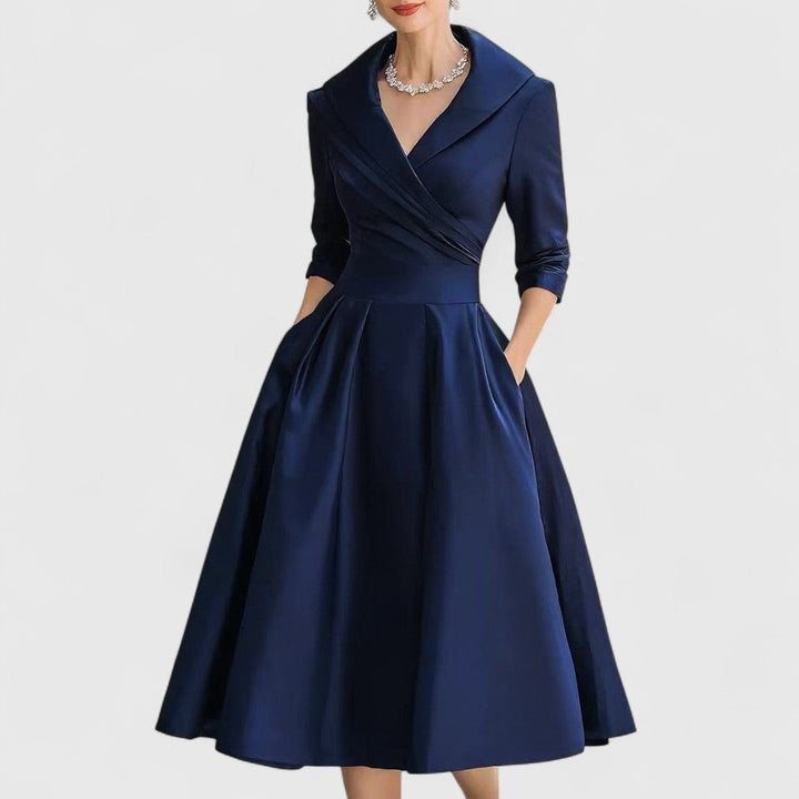 Navy satin midi dress with wrap V-neck and pleated full skirt