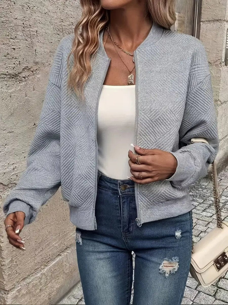 Grey textured zip-up bomber jacket with ribbed cuffs and hem