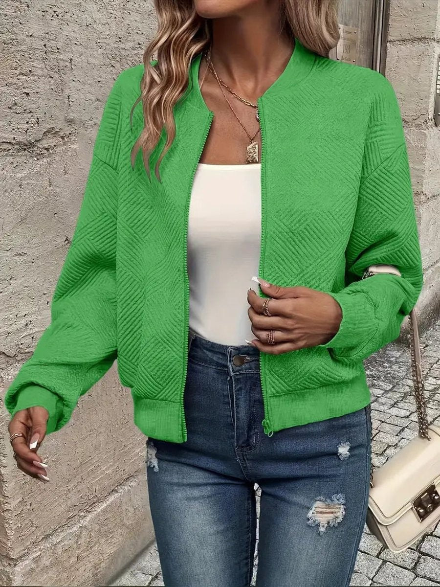 Bright green textured bomber jacket with stand collar and long sleeves