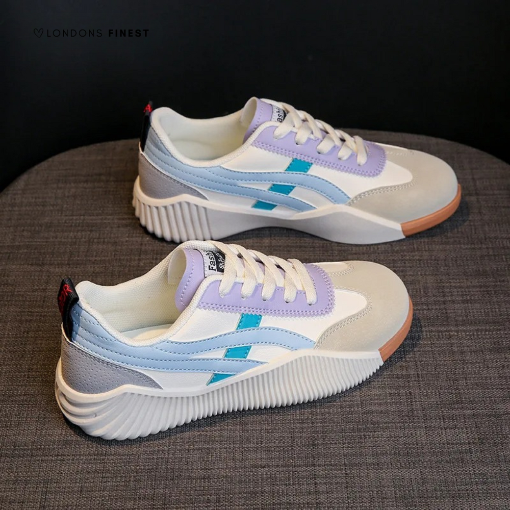 Pastel purple and blue lace-up sneakers with ridged platform sole design