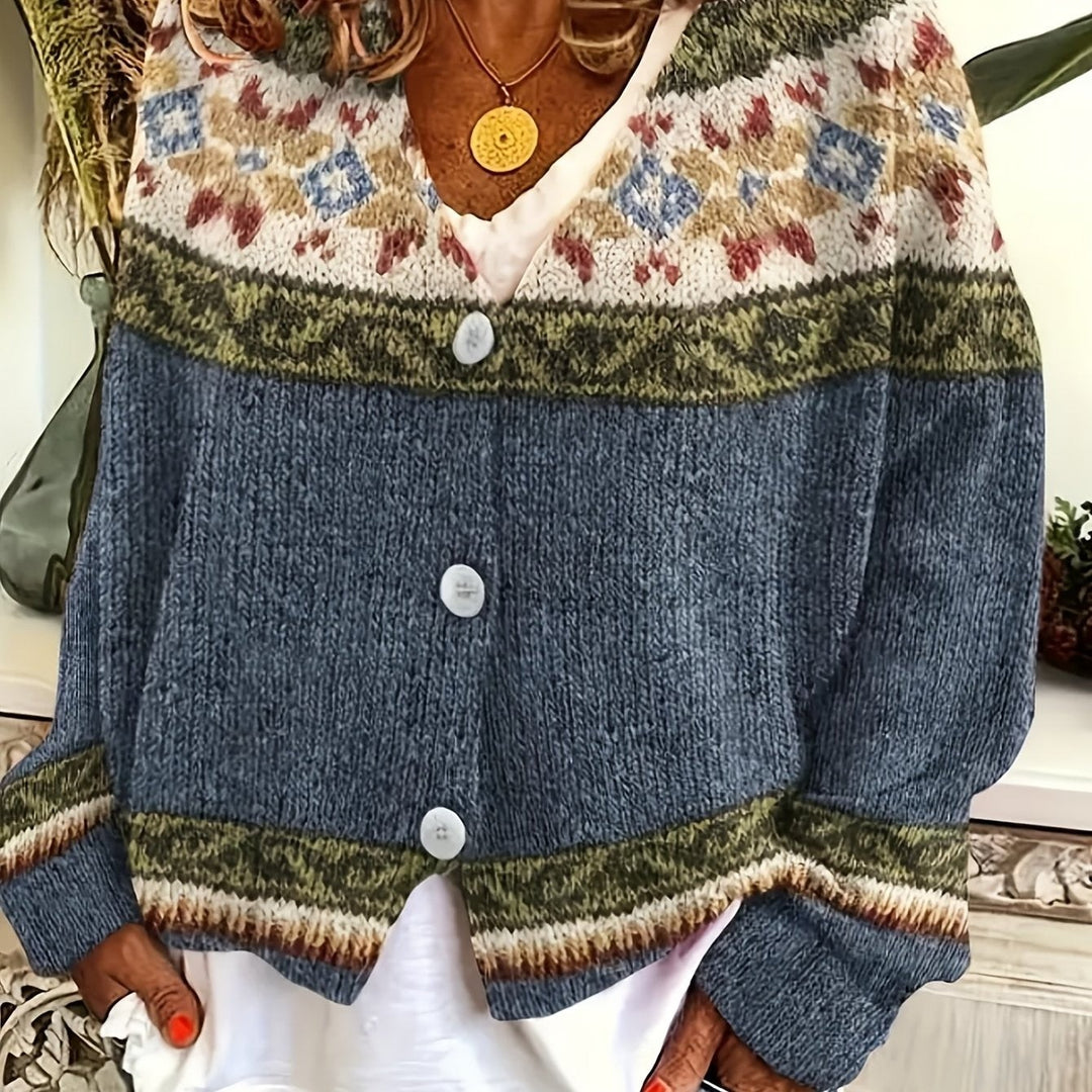 Blue Fair Isle knit cardigan with button-front and folk-pattern yoke