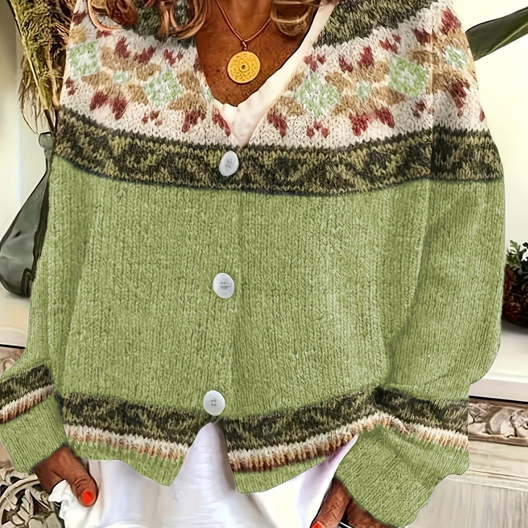 Sage green Fair Isle cardigan with button-front and mint diamond yoke pattern