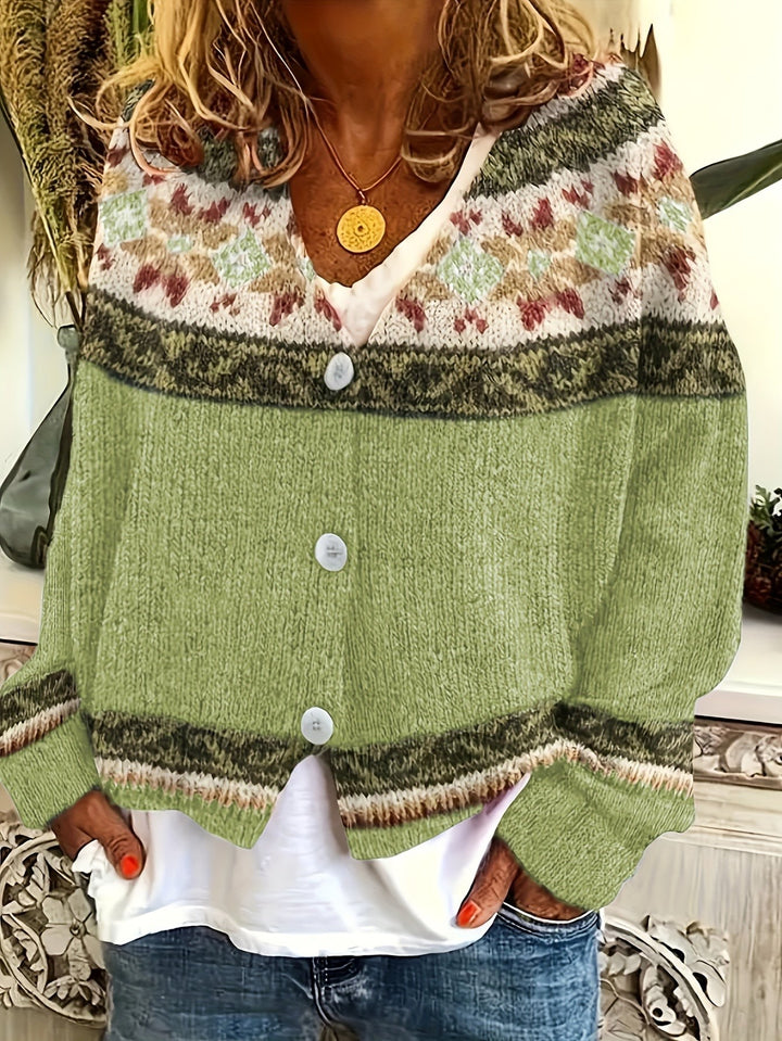 Sage green patterned cardigan worn with denim shorts, folk-print collar
