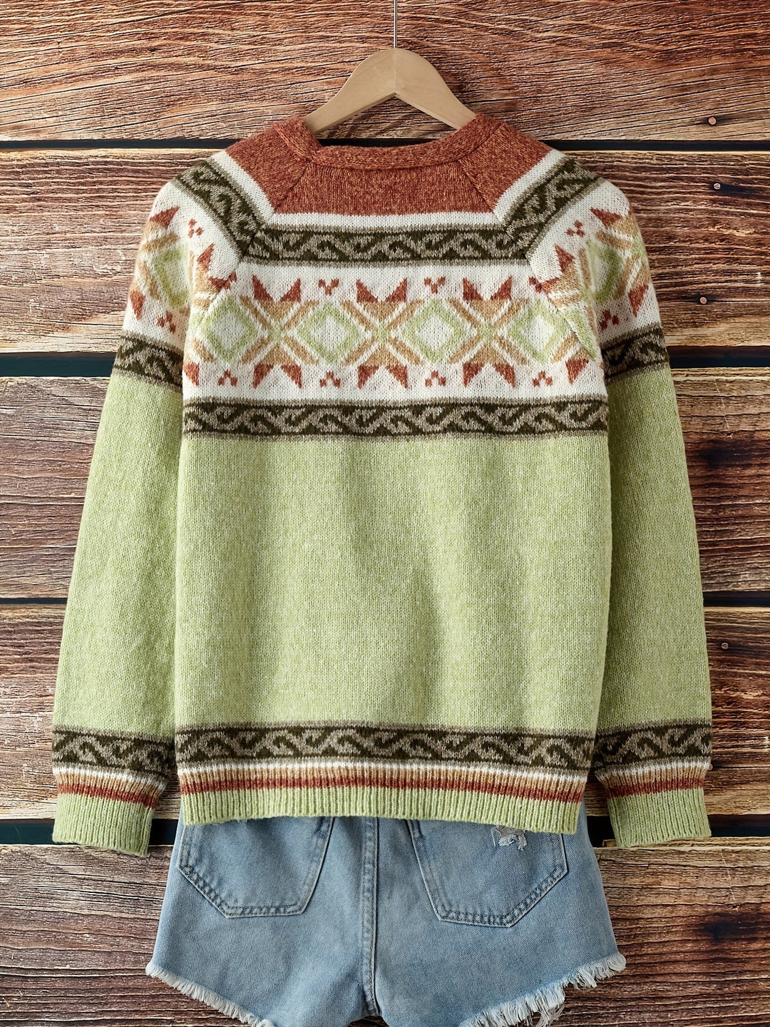 Black Fair Isle cardigan with button-front and geometric patterned yoke