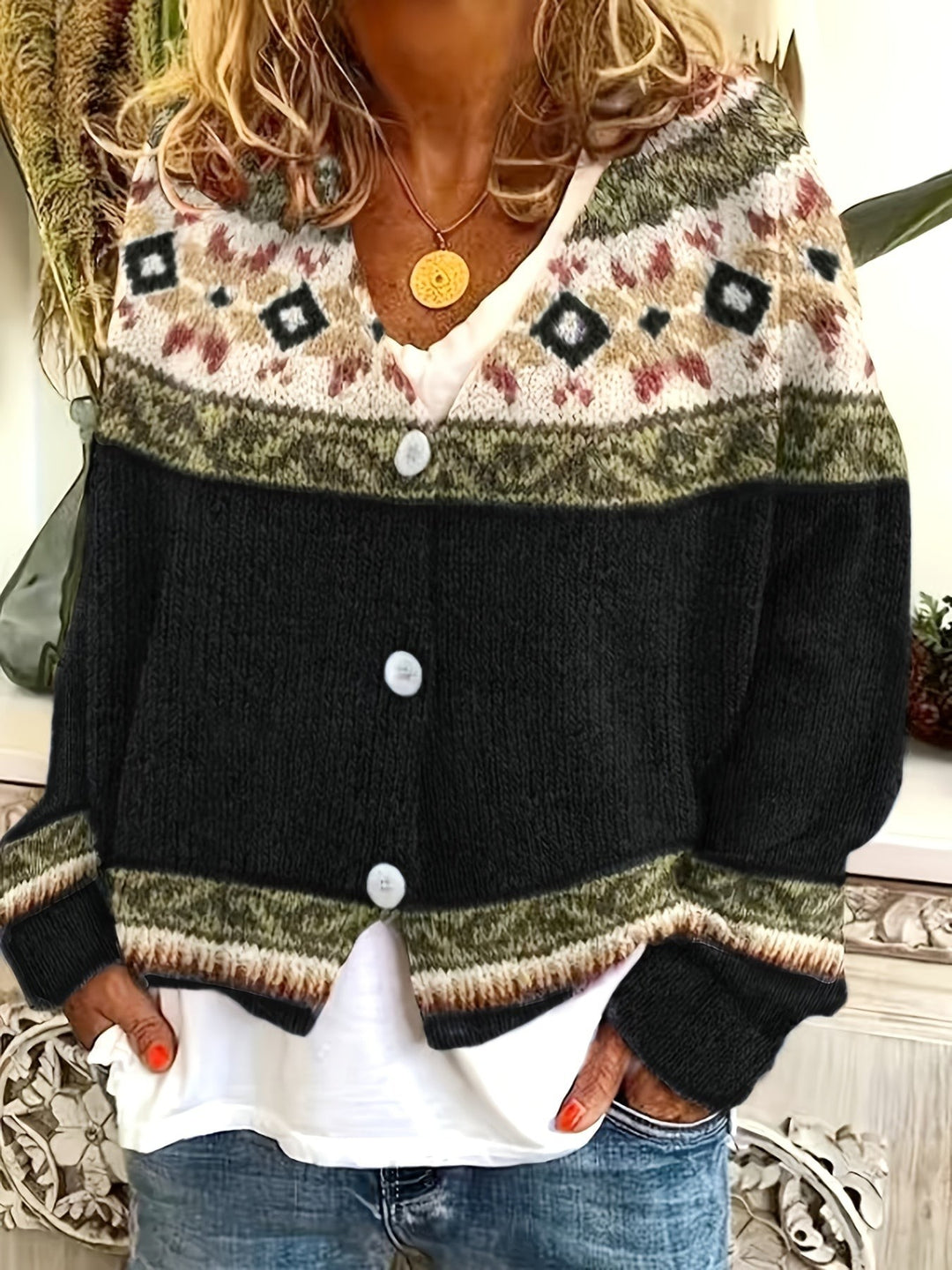 Magenta Fair Isle cardigan with pink diamond patterned yoke and buttons