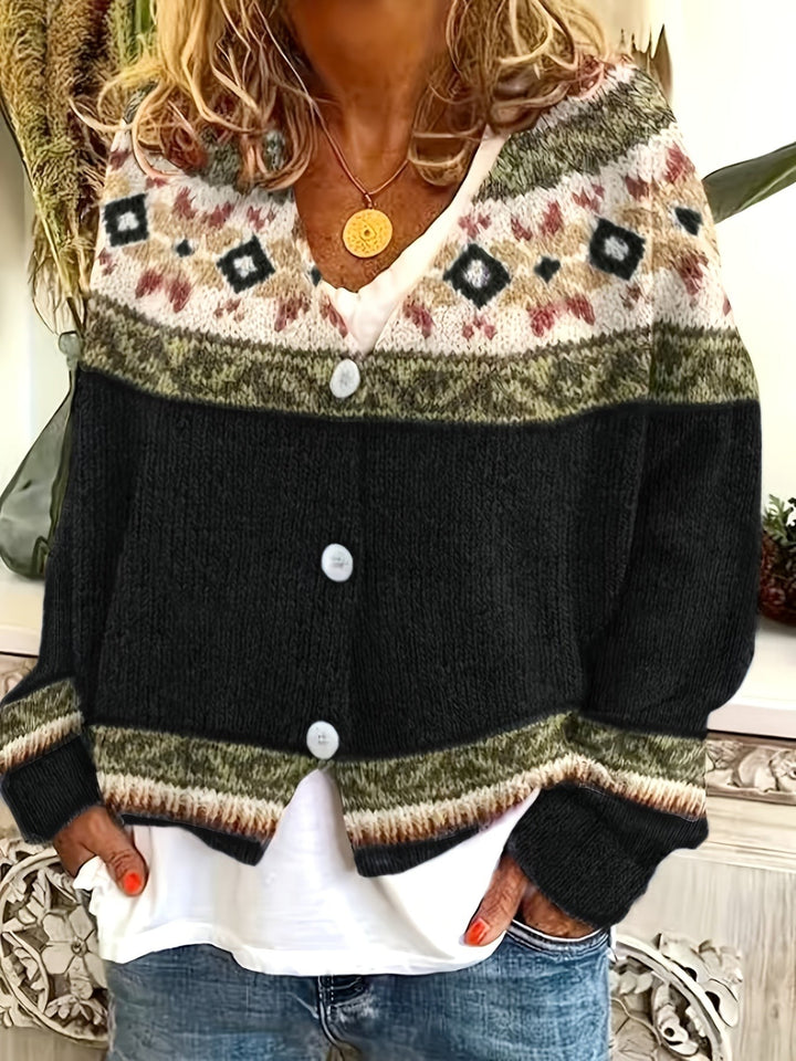 Magenta Fair Isle cardigan with pink diamond patterned yoke and buttons