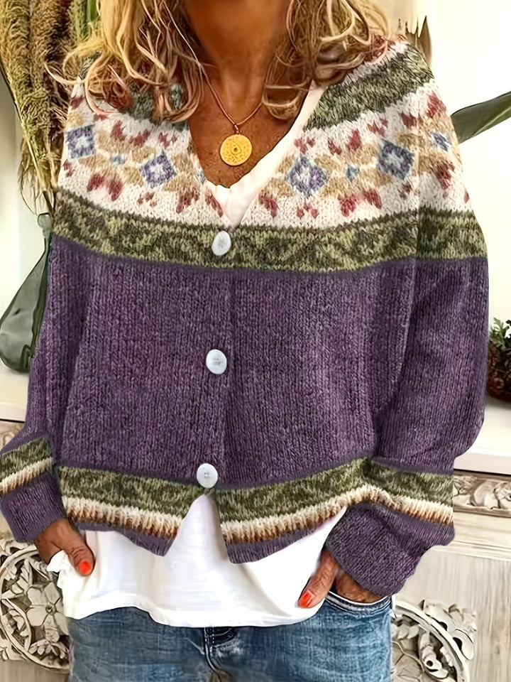 Purple ribbed knit fabric close-up on Fair Isle cardigan