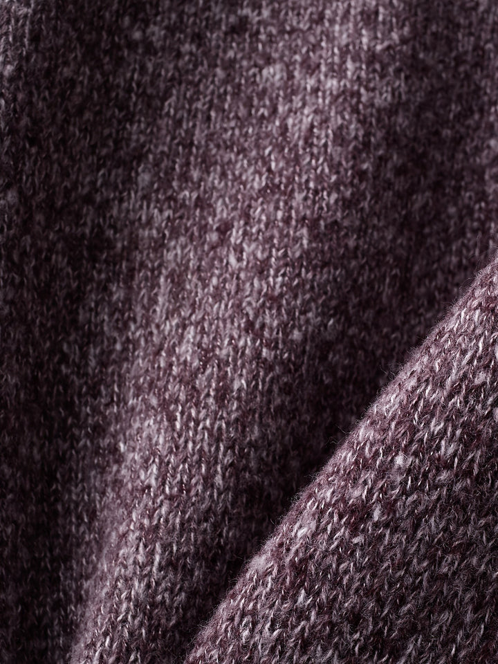 Purple Fair Isle cardigan back view on hanger, rust shoulder yoke