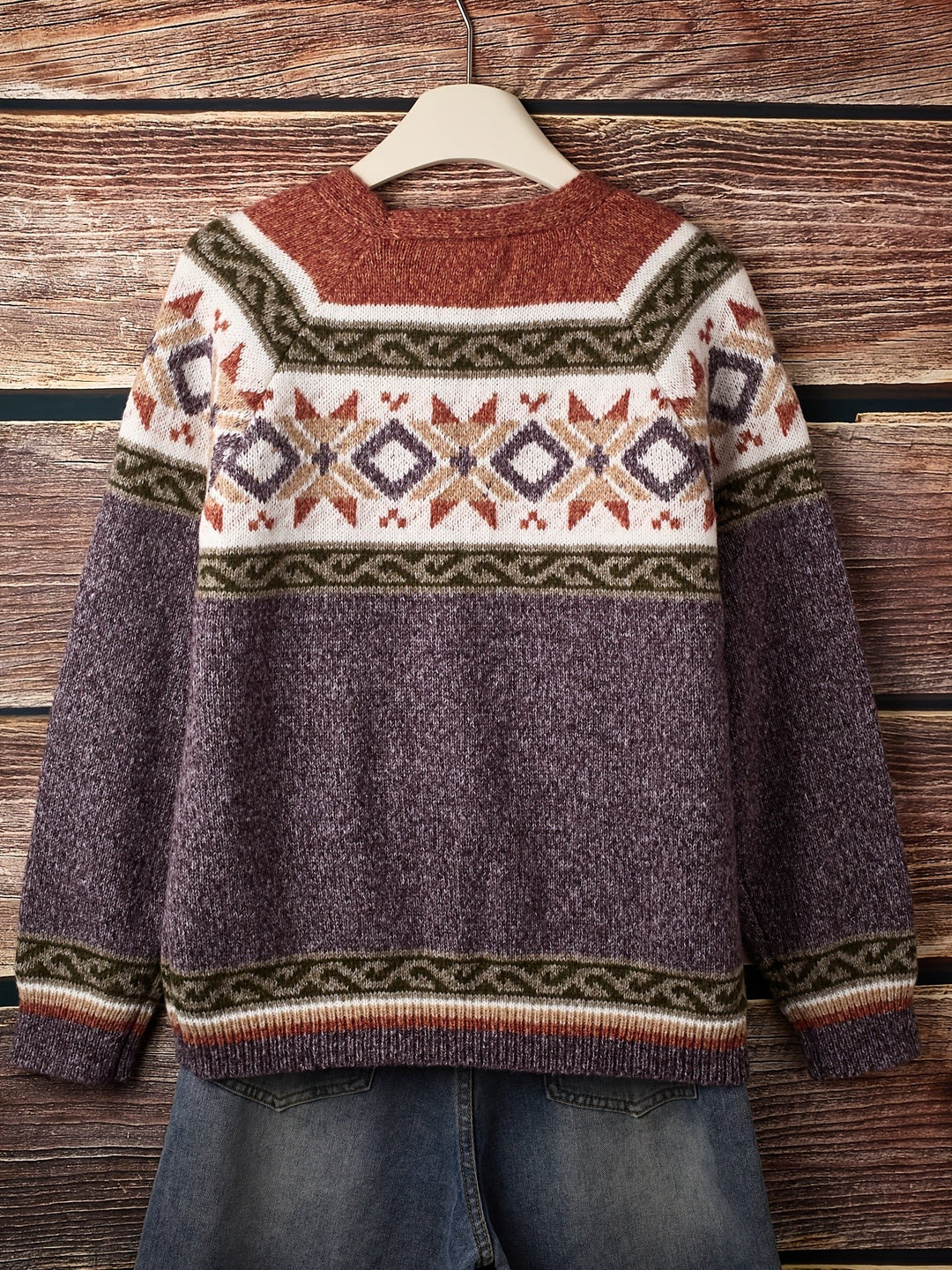 Black Fair Isle cardigan with button-front, patterned yoke close-up