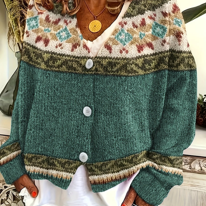 Green Fair Isle button-front cardigan with teal diamond patterned yoke