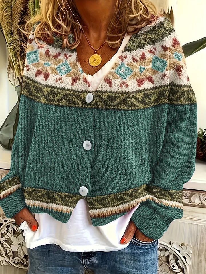 Teal knit cardigan worn with denim shorts, Fair Isle patterned collar