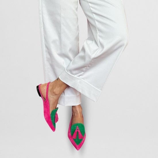 Pink and green suede pointed-toe slingback flats with fringe tassel detail