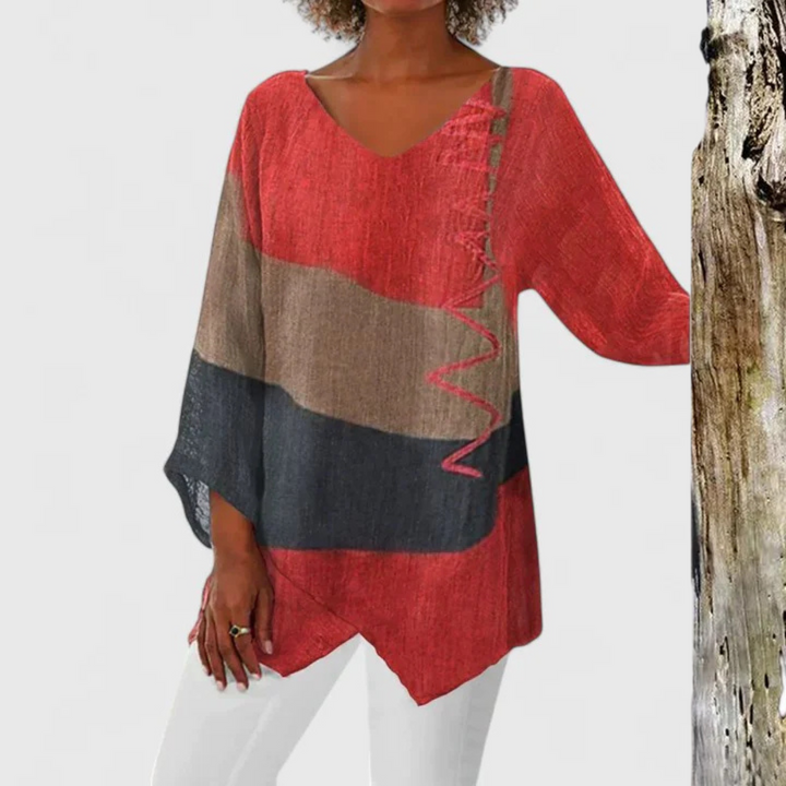 Red color-block V-neck tunic with asymmetrical hem and three-quarter sleeves