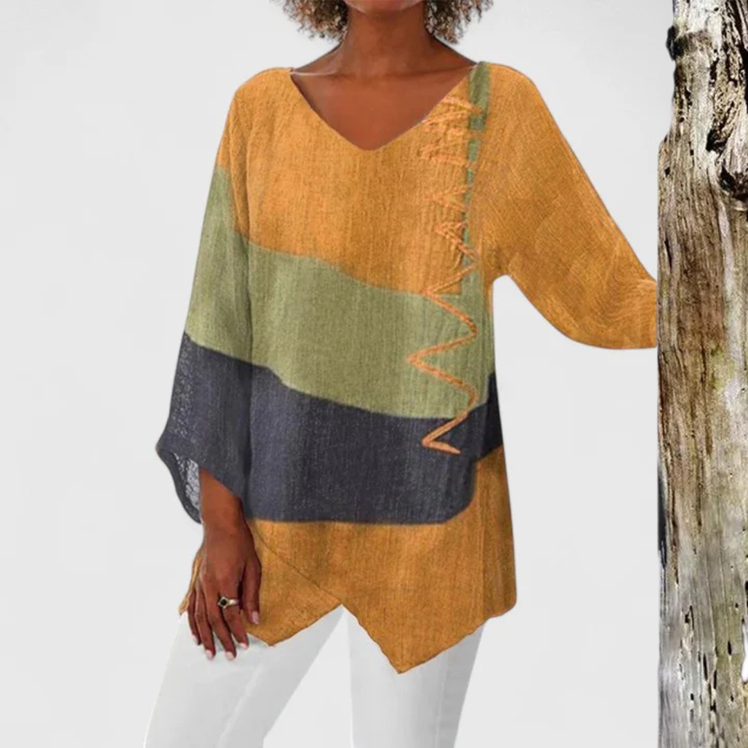 Mustard yellow color-block tunic top featuring V-neckline and handkerchief hem