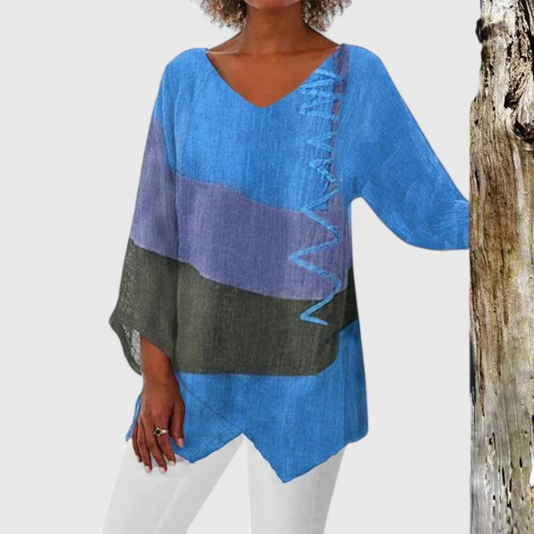 Blue color-block V-neck tunic with contrast stitching and relaxed fit