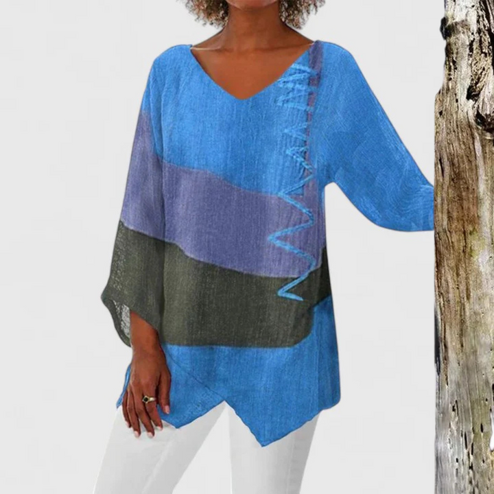 Blue color-block V-neck tunic with contrast stitching and relaxed fit