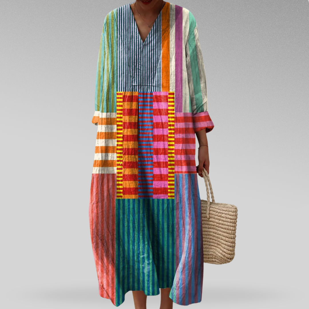 colorblock striped linen maxi dress with V-neck and long sleeves