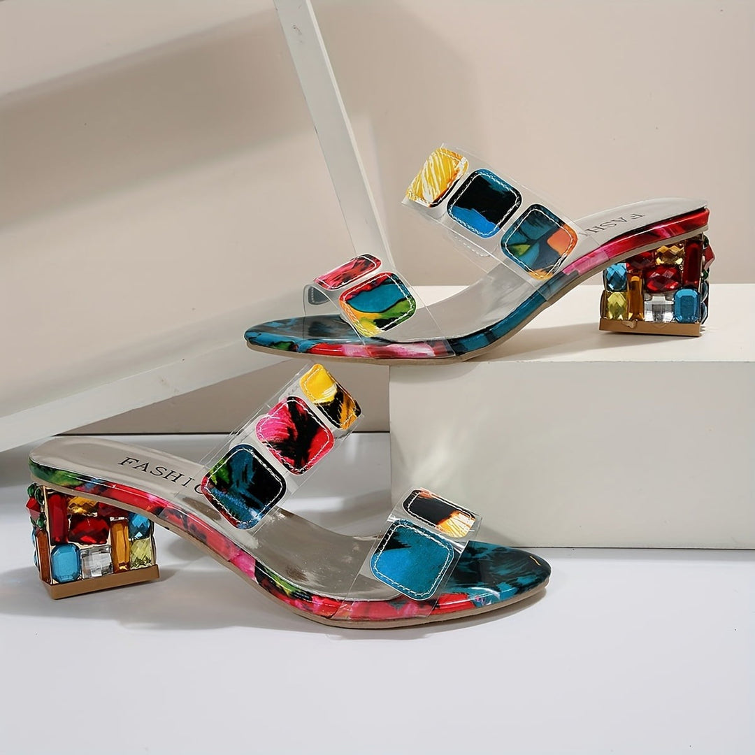 multicolor jeweled block heel sandals with clear straps and abstract print sole