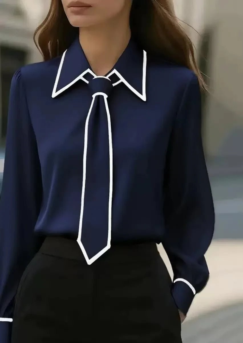 navy blue blouse with white contrast trim and removable neck tie