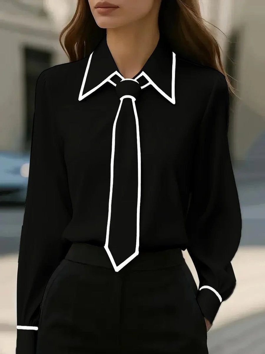 black tie-neck blouse featuring white contrast trim and pointed collar