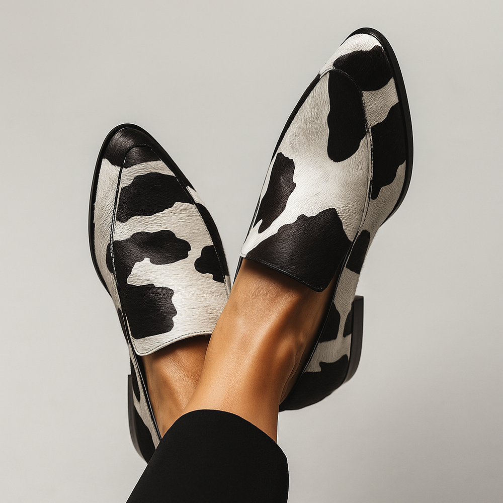 Black and white cow print loafers shown crossed at the ankle