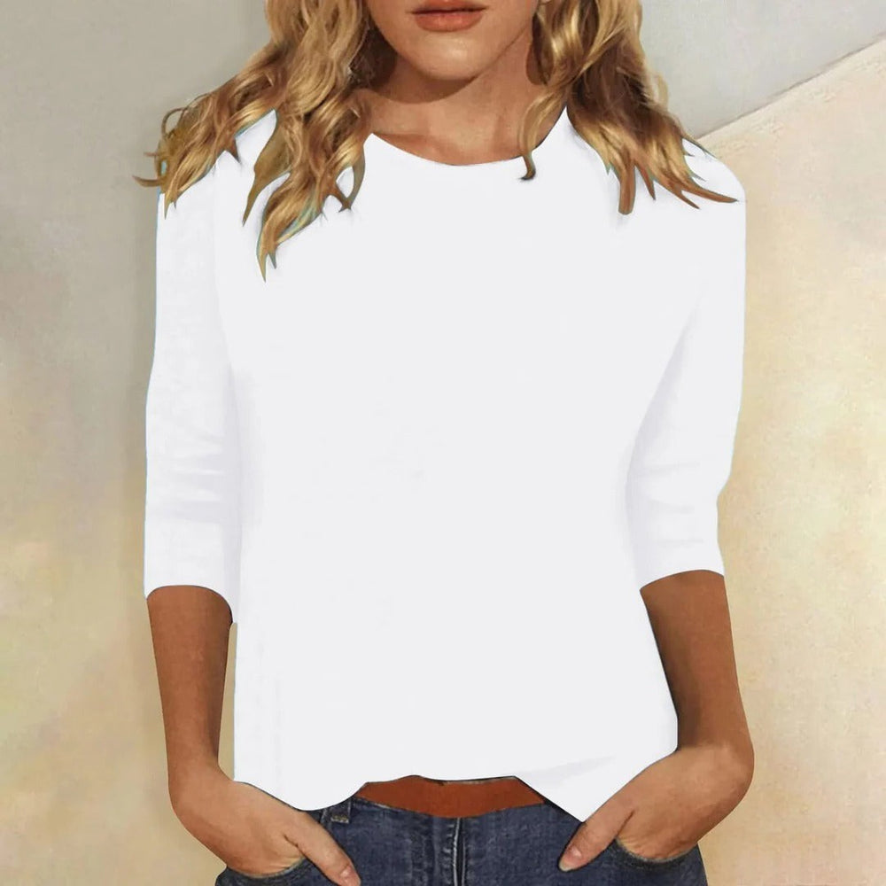 white crew neck three-quarter sleeve casual top