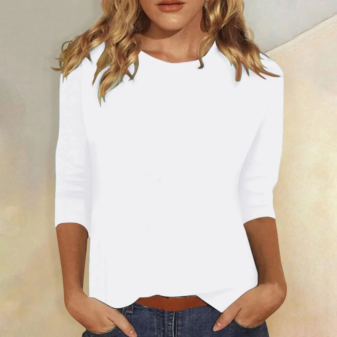 white crew neck three-quarter sleeve casual top